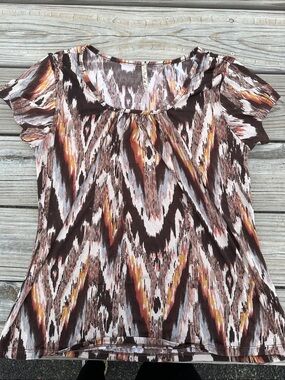 Women's Brown Multi-Print Short Sleeve Scoop Neck Top